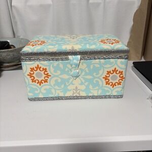 Unbranded Fabric Covered Sewing Box Blue Orange Damask Organizer with Tray